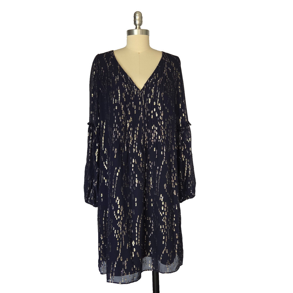 Lilly Pulitzer Cleme Long Sleeve Silk Dress Size 12 Navy Blue Metallic V Neck - Picture 2 of 10